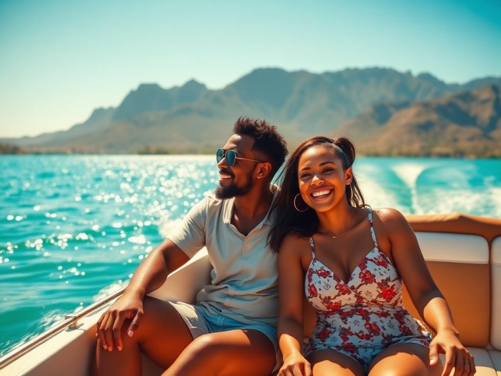 Black couple enjoying a speedboat ride on Hartbeespoort Dam